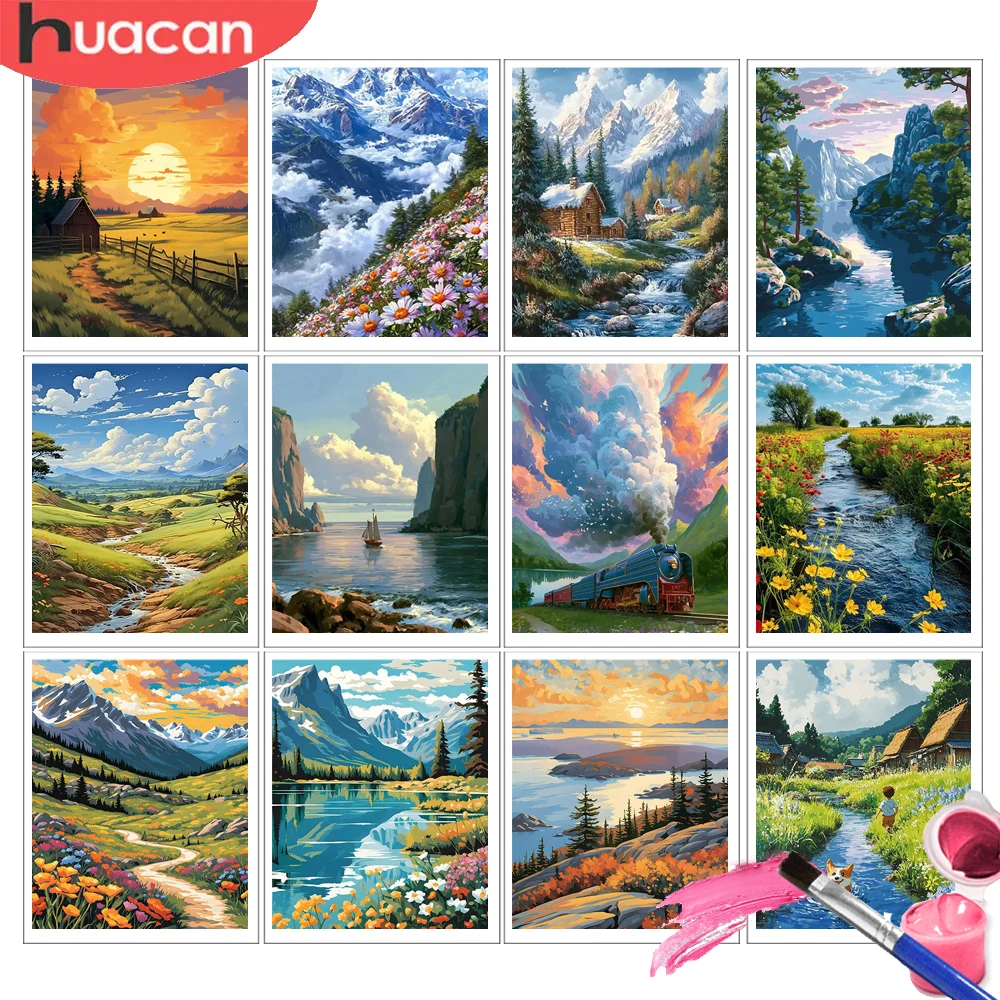 HUACAN Diy Painting By Numbers Mountain Landscape Draw Coloring By On Canvas For Adult Lake RIver Daisy Flower Gifts