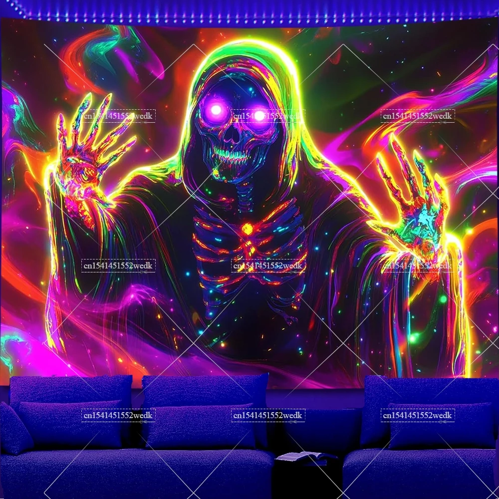 Glow In Dark Reaper Skull Blacklight Tapestry UV Reactive Halloween Ghost Luminous Tapestrys Neon Fluorescent Party Backdrops