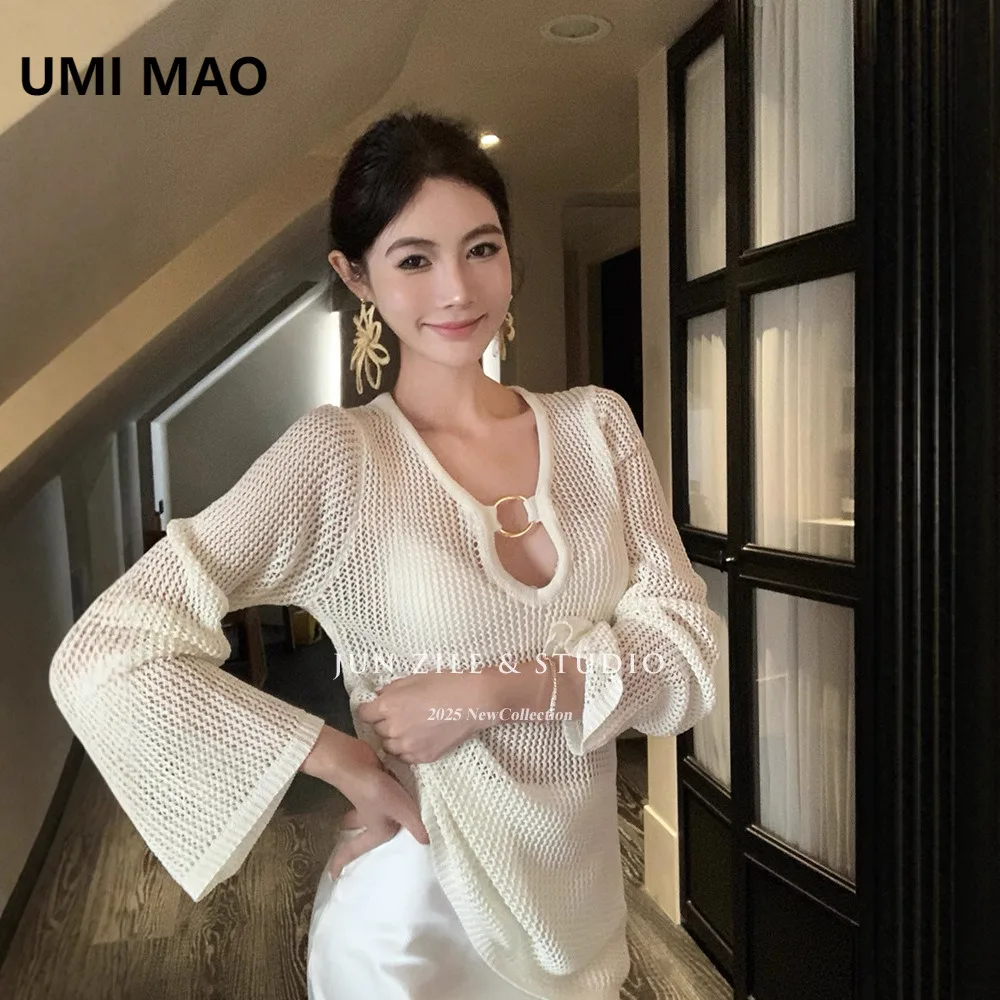 

UMI MAO V-Neck Hollow Knit Blouse Summer Loose Slimming Flared Sleeve Elegant Socialite Long Sleeve Top Women's Clothing