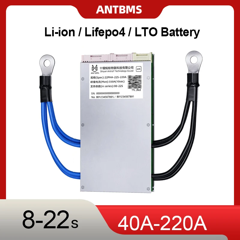 

ANT 8-22S Высоковольтный интеллектуальный BMS 24-72 В Программируемый 40-220 А с приложением BT UART для литий-ионного/LiFePO4 батареи Тележка для гольфа на солнечной батарее