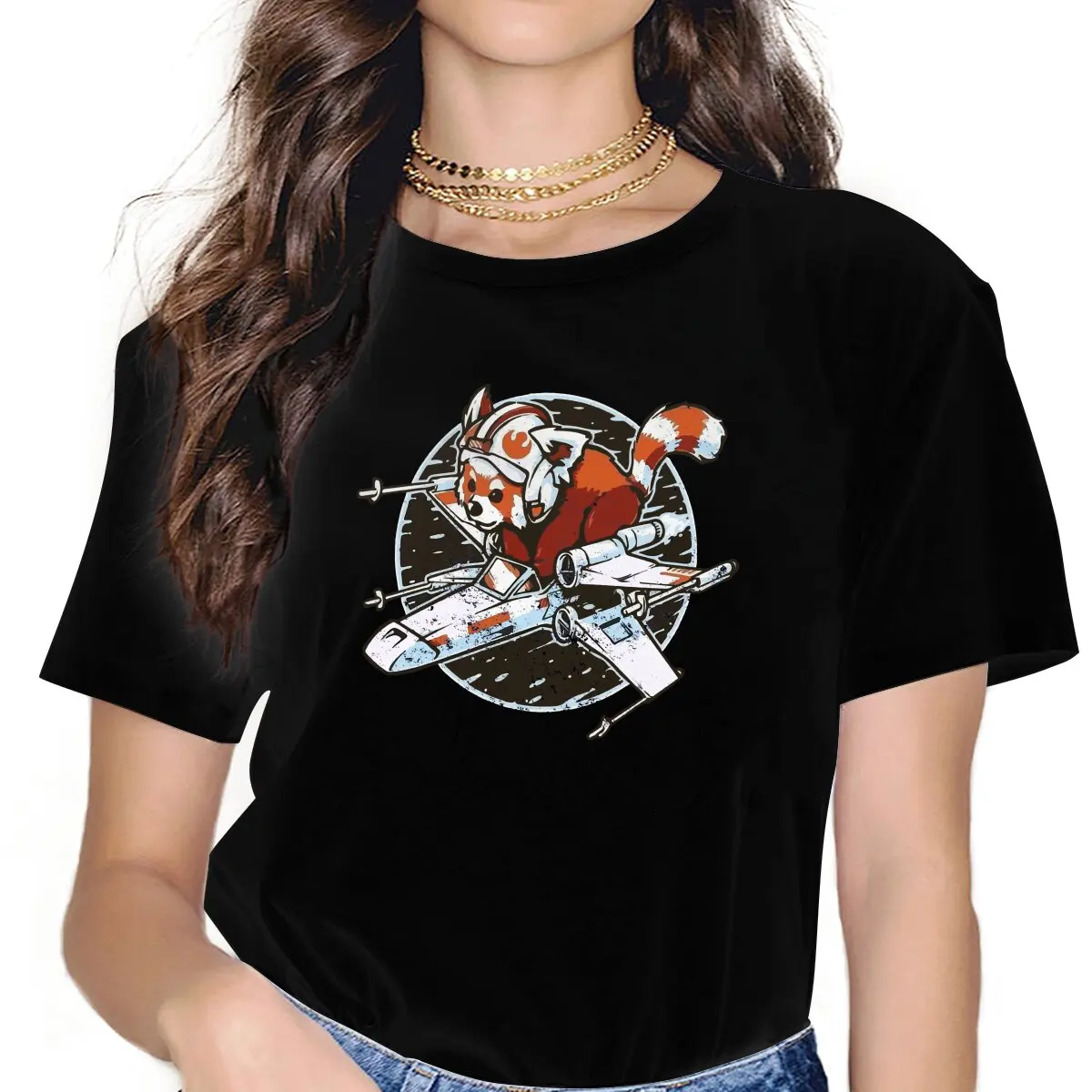 Women Geeky Star Ship Pilot Print T Shirt Red Panda Clothes Funny Short Sleeve Round Neck Tee Shirt Printed T-Shirt