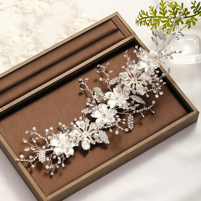 Wedding Headband Silver Color crystal Tiara Handmade Bride Headdress Flower Leaf Hair Jewelry Headband Bride Hair Accessories