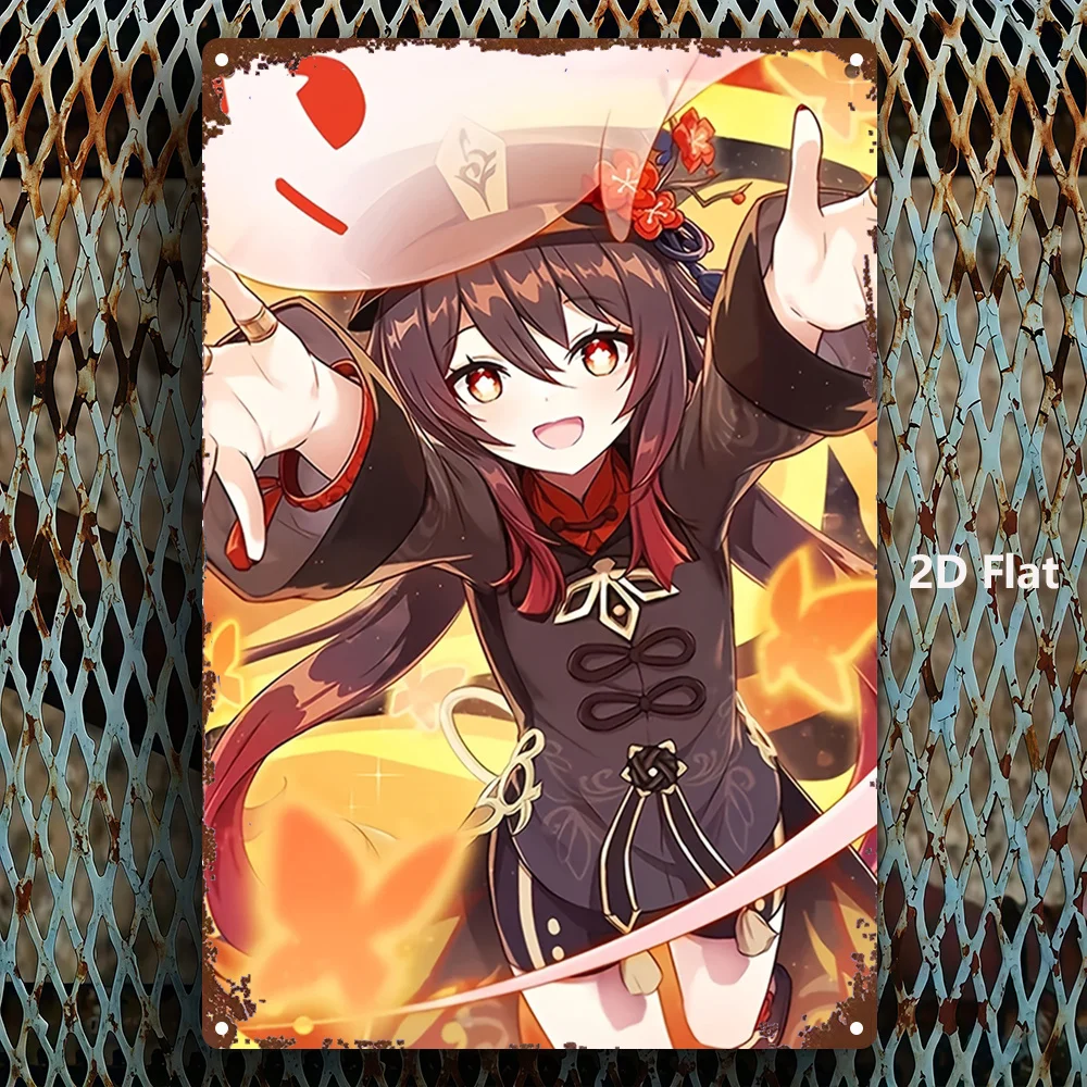 CIFBUY Retro Anime Girl Waterproof Aluminum Wall Art, Genshin Impact Hu Tao Durable Metal Decor for Home Bar Garage Game Room
