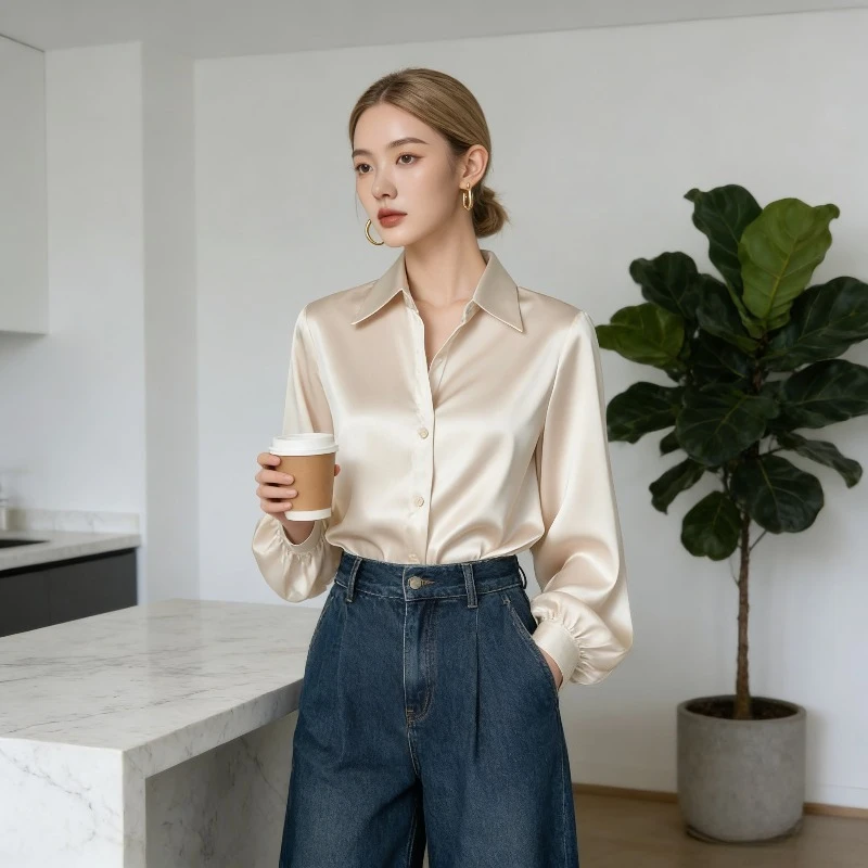 

Women's Long-sleeve Gray Blouse Office Versatile Wrinkle-resistant 2026 New French High-end Acetate Satin Shirt
