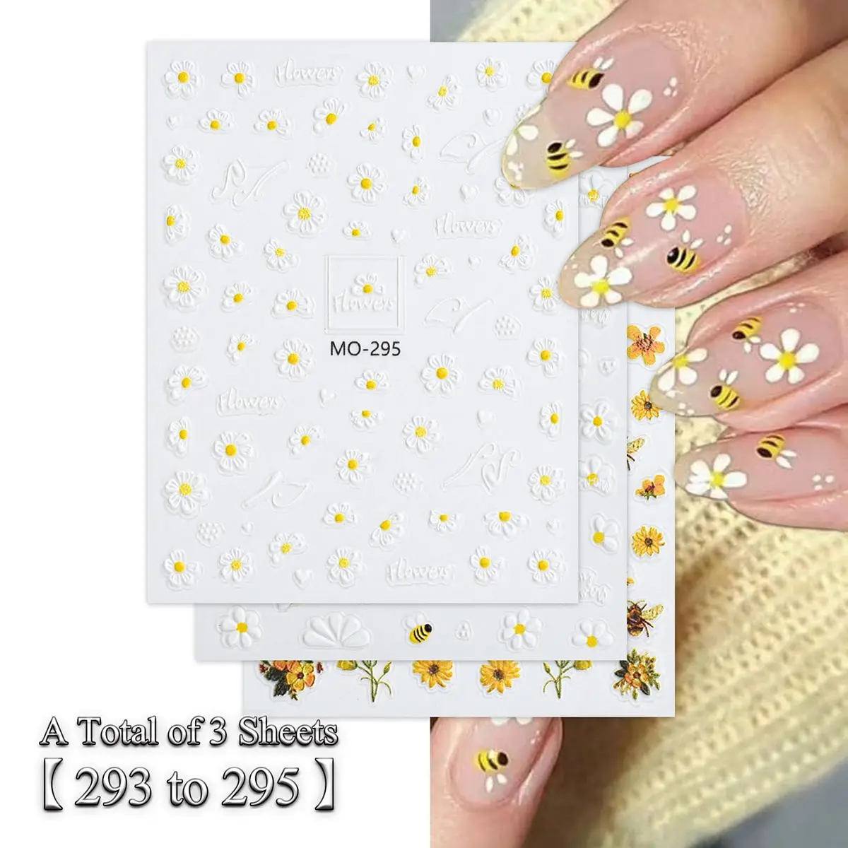 

3/6 Sheets Daisy Bee Nail Stickers 5D Embossed Flower Nail Art Decals, Self-Adhesive Nail Wraps DIY Manicure Tips Decoration