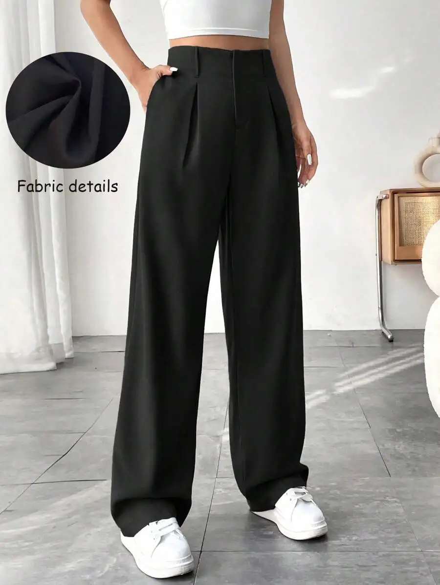 

Women's High-Waisted Wide Leg Straight Pants with Front Pockets - Solid Black Office Wear