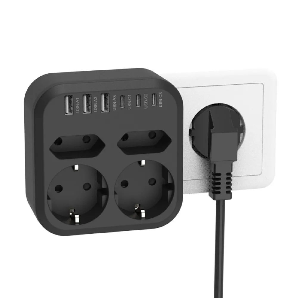 EU Plug Power Strip 10 in 1 3500W with 4 AC Outlets 6 USB 17W Fast Charging Socket 7 Safety System Surge Protection Socket