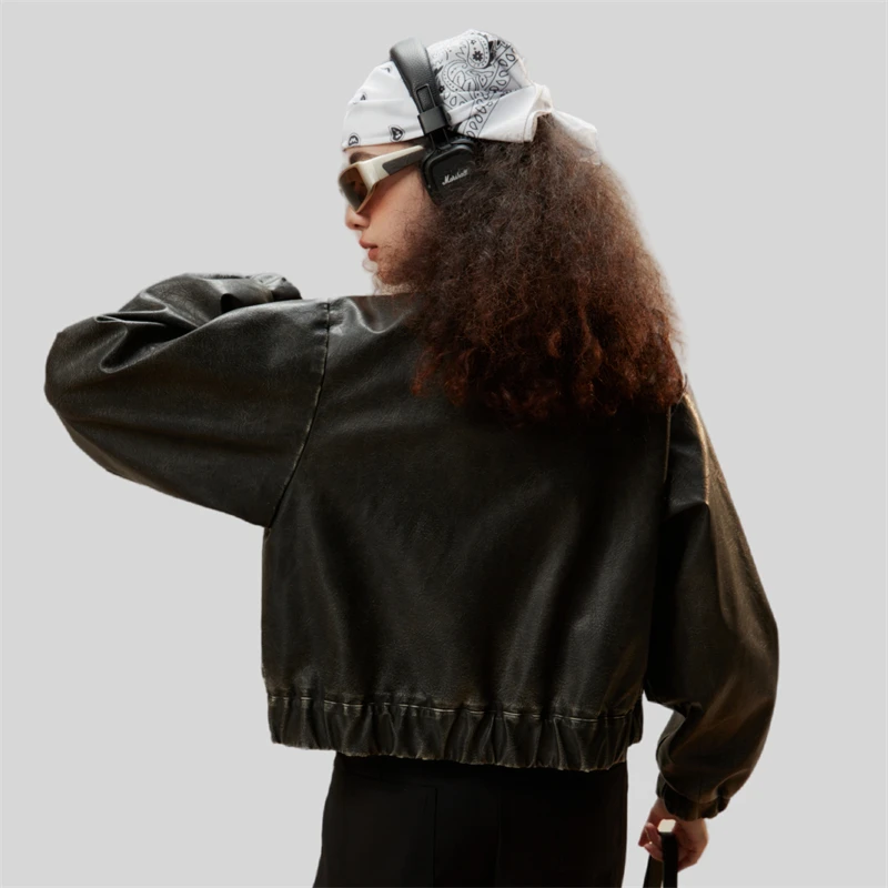 Women\'s Vintage Bomber Chic Cropped Soft PU Faux Leather Gothic Racing Jackets Female Biker Motorcycle Baseball Coats Streetwear