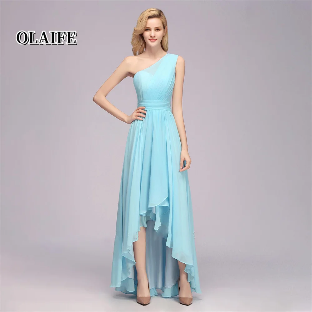 

Chic Hi-Lo One Shoulder Sleeveless Ruffle Affordable Zipper Bridesmaid Dress Chiffon Affordable for Wedding Party Garden