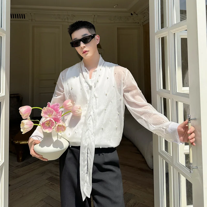

Summer Semi-Transparent Me Long Sve irt Men's Outerwear Beaded Oversized Stand Fit Youth Faion lin Button-Up