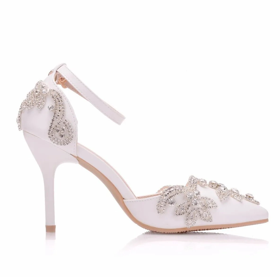 GOHYPDUG Women\'s White Pointed Toe Sandals With Crystal Rhinestone Wedding Bridal shoes Elegant High Heel