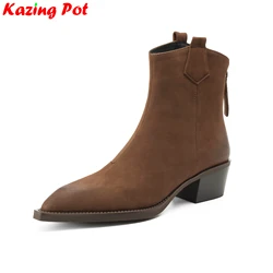 Krazing Pot Plus Size Sheepskin Med Heels Modern Western Boots Vintage Winter Shoes Pointed Toe Zipper Brand Women Ankle Boots