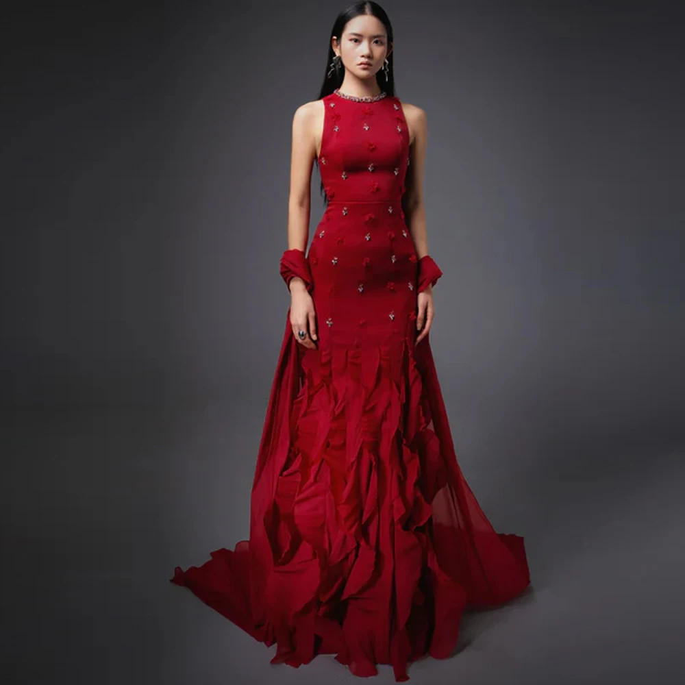 

Elegant O-Neck Evening Dress Classic Mermaid Sleeveless Party Dresses Fashion Beading Flowers Customized Special Occasion Gowns