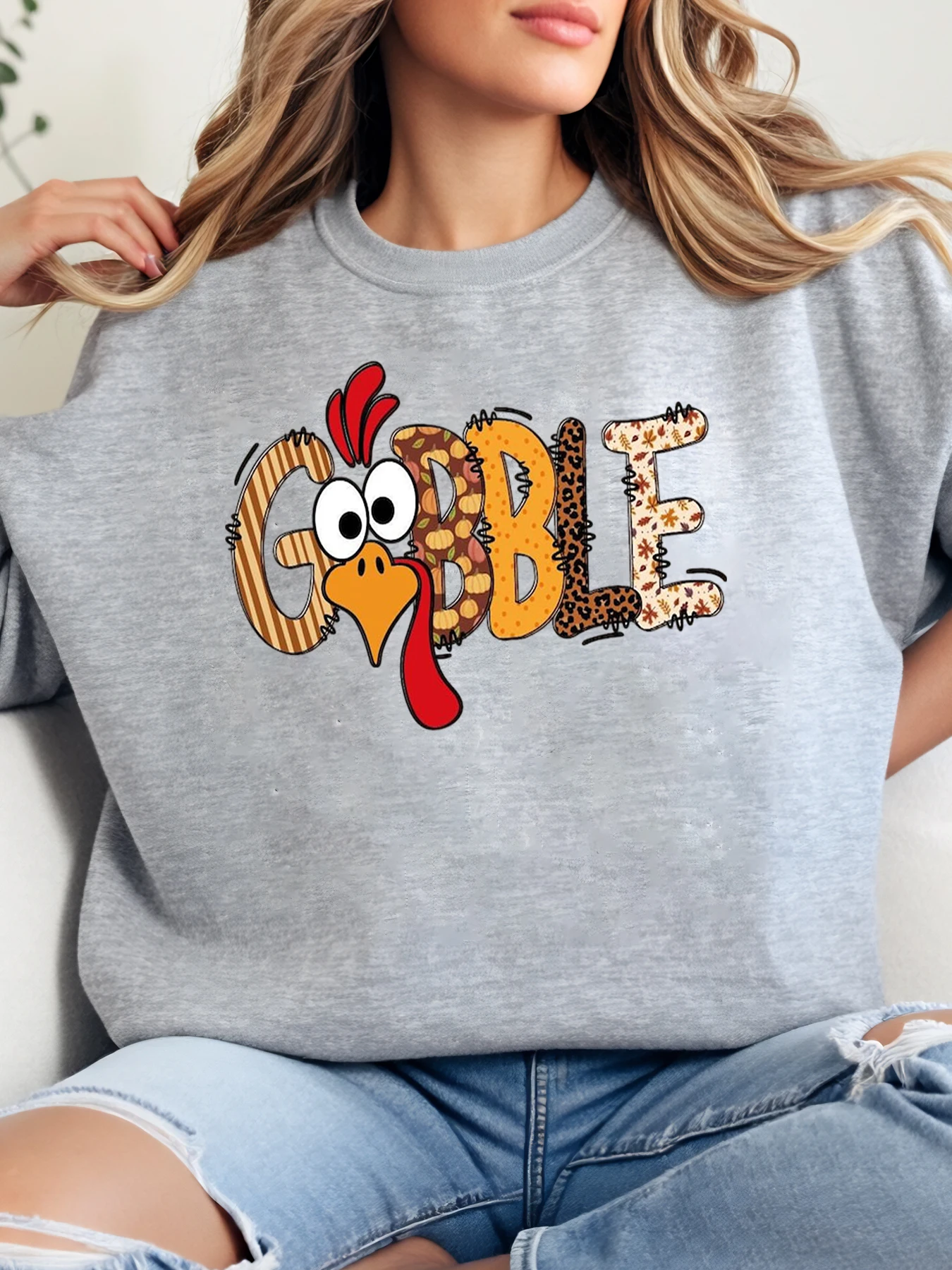 

Толстовка с принтом Gobble Turkey на День Благодарения, женский повседневный осенне-зимний наряд, серый, больших размеров