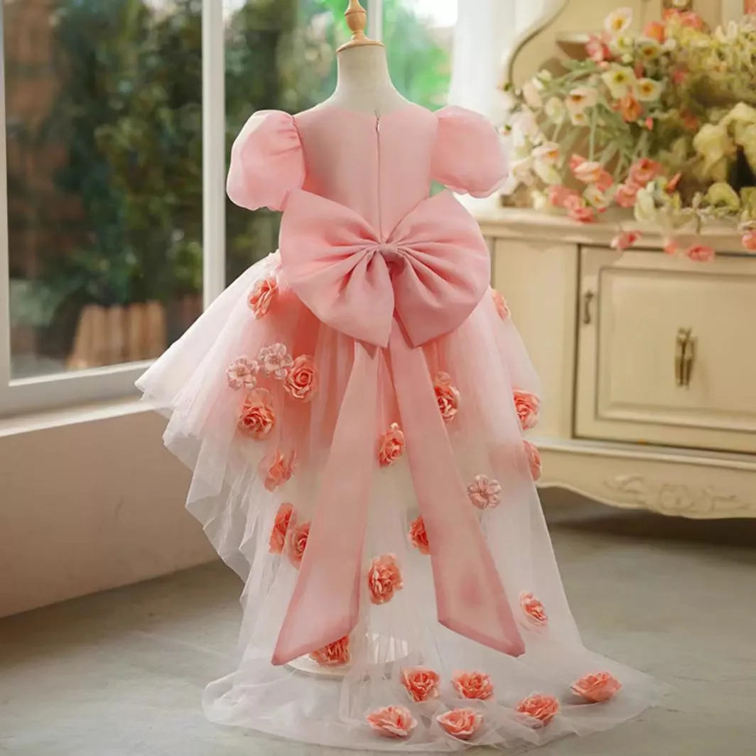 

Real Picture Charming Pink Little Girl Party Special Occasion Dresses Square Flower Bow Hi-Lo Prom Pageant Show Gown Vestidos