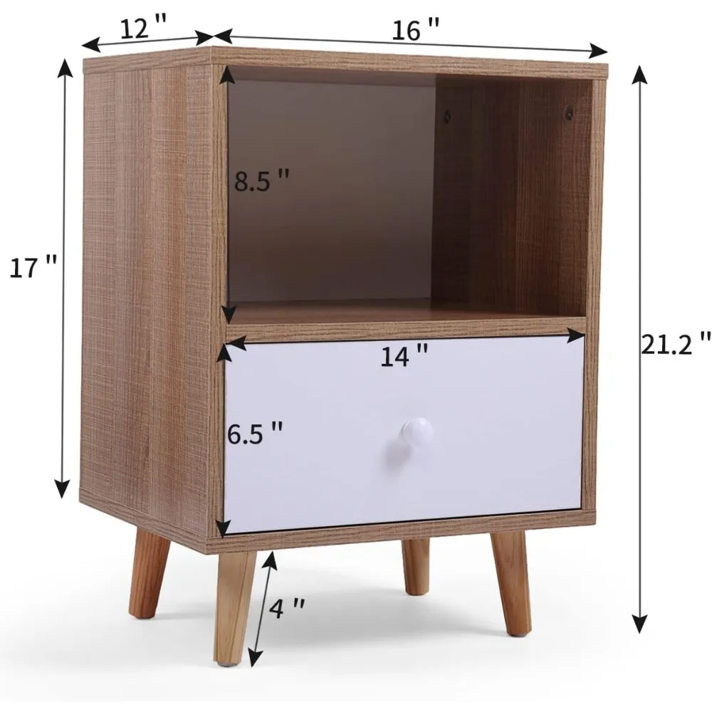 زوج من طاولات النوم الخشبية المعاصرة مع درج ورف مفتوح لغرفة النوم