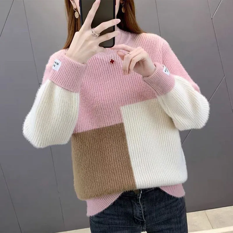 New Autumn/Winter Fashion Thickened Contrast Color Half High Neck Mink Fleece Loose and Versatile Women\'s Long Sleeve Sweater