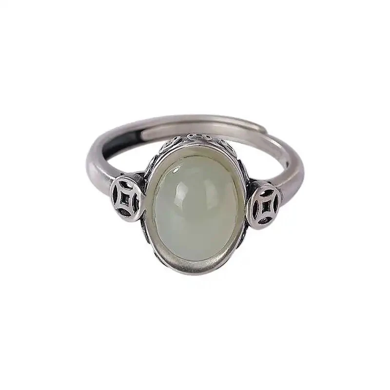 خمر Yuanbao الفضة 925 التصميم الكلاسيكي الطبيعي Hotan اليشم الأبيض النحاس عملة سحر أقراط امرأة خواتم مجموعات مجوهرات