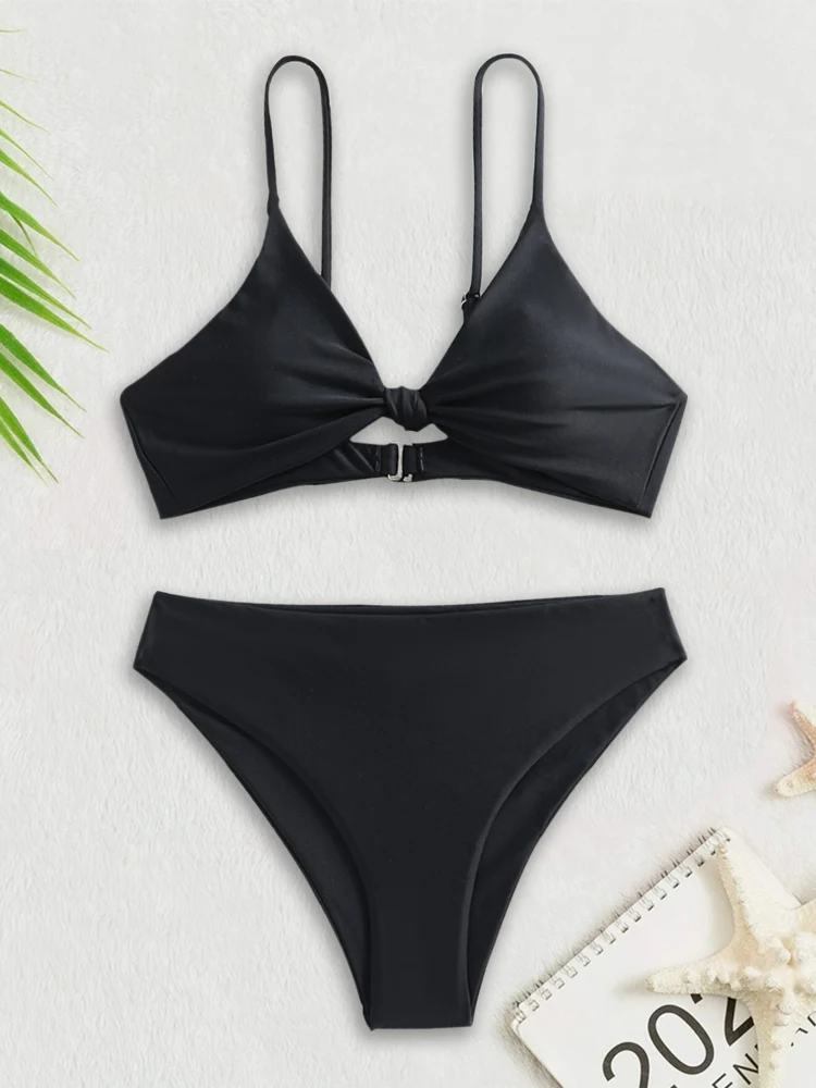 Bikini Women Swimsuit 2024 New Solid Black High Waist Bikinis Set Lace Up Bathing Suit Swimwear Summer Brazilian Beach Two Piece