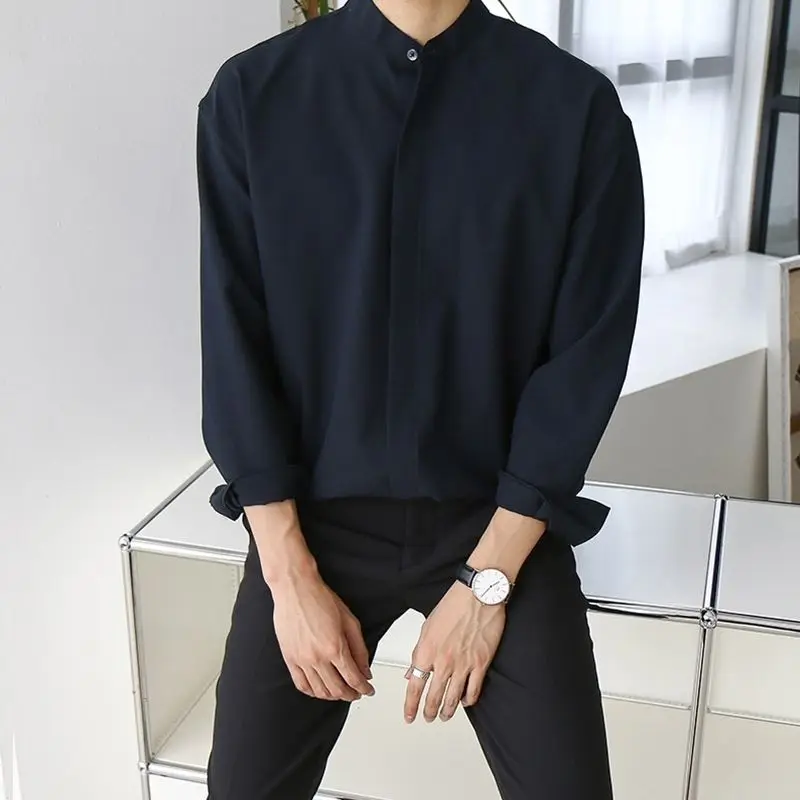 2023 New Silk Senior Sexy Dark Blue Shirt for Men Solid Color Long Sleeve Stand-up Collar Loose Business Casual Iron-free Shirt