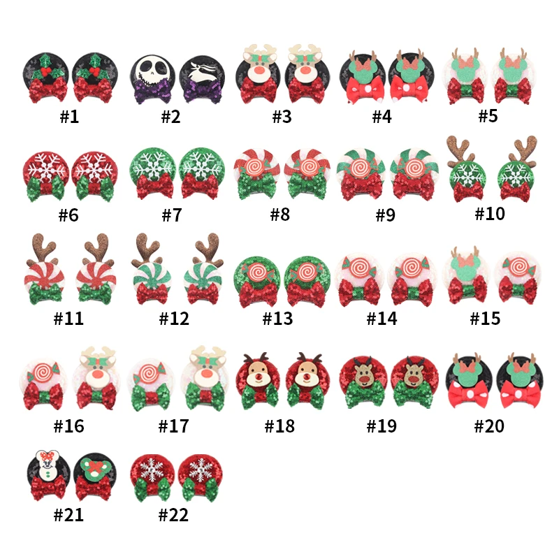 새로운 디즈니 미키 크리스마스 마우스 귀 헤어 클립 소녀를위한 반짝이 활 머리핀 어린이 축제 파티 DIY 헤어 액세서리
