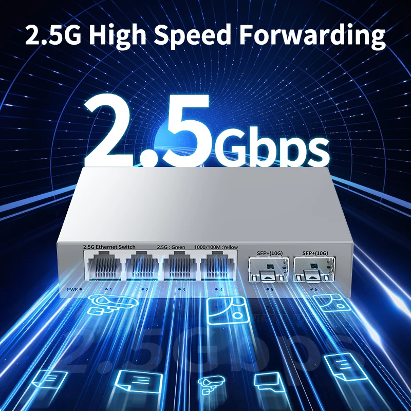 HORACO 2.5Gb Switch 2.5GBASE-T 4 Port 2.5G RJ45 with 2 Port 10G SFP+ Fanless Unmanaged Plug and Play Network Switch