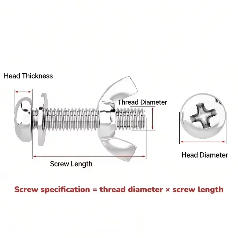 M6 M8 M10 304 Stainless Steel Cross Round Head Screw With Butterfly Nut And Washer Hand-Tightening Screw Set