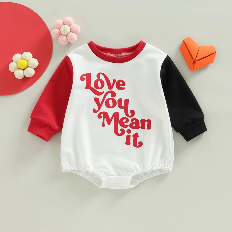 Infant Unisex Autumn Jumpsuit Stylish Long Sleeve Crew Neck Bodysuit with Printed Letters and Color Block Design