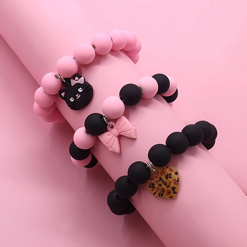 3Pcs/set Cute Black Cat Bowtie Heart Chram Stretch Beaded Bracelets for Girls Daught Sisters Best JewelryGift