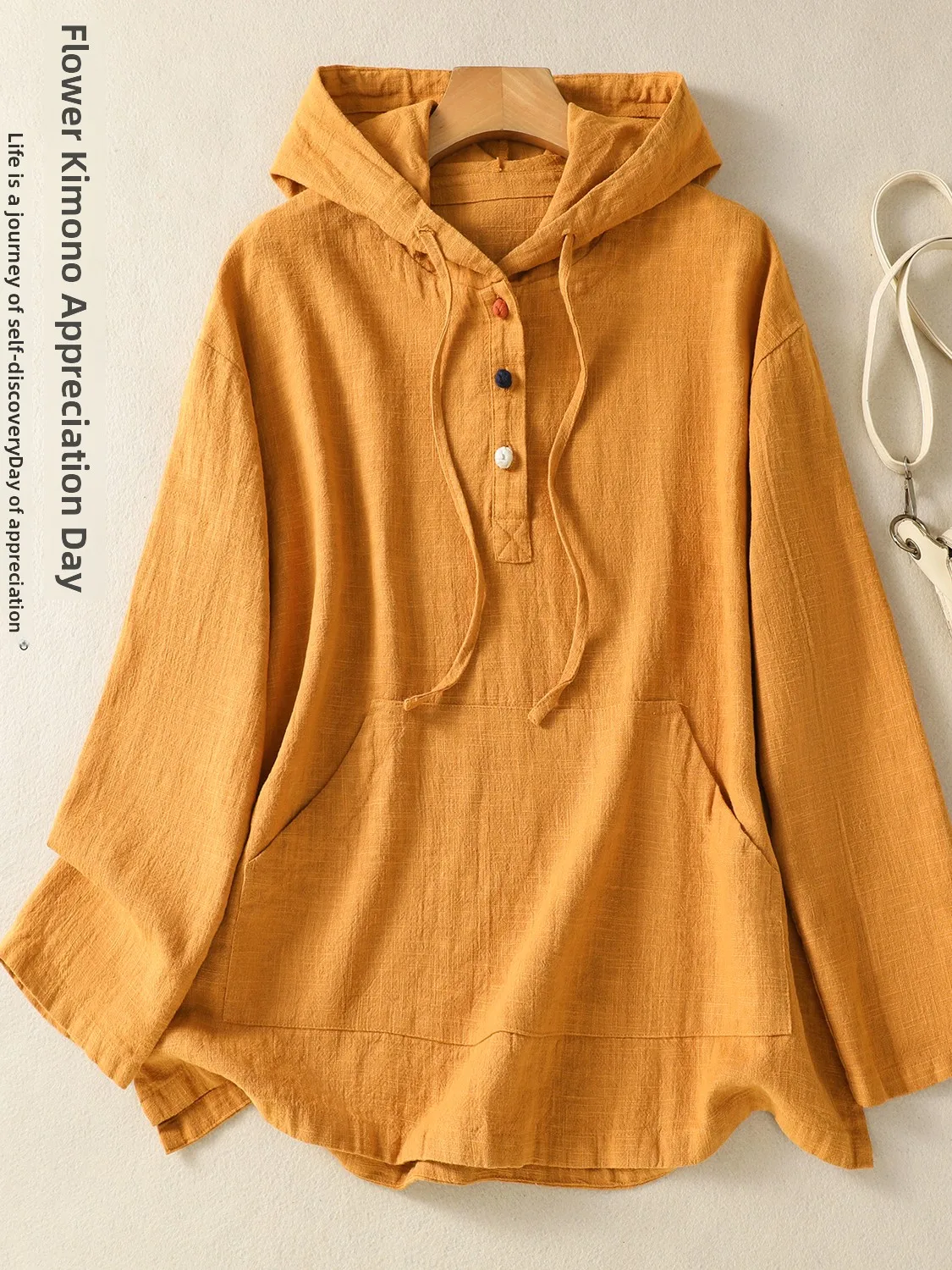 Sudadera con capucha de lino para mujer, Top Retro Zen de lino y algodón con Base holgada para primavera y otoño, Color puro para ir al trabajo