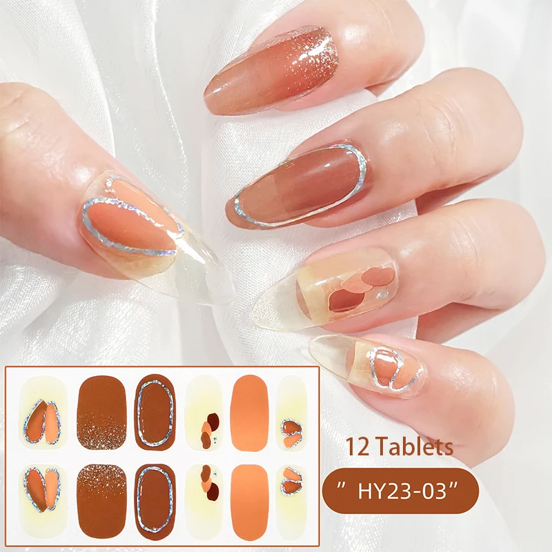 Pegatinas de uñas de Gel DIY, 12 puntas, tiras de uñas de larga duración, parche deslizante, pegatina de cubierta completa, calcomanía de manicura