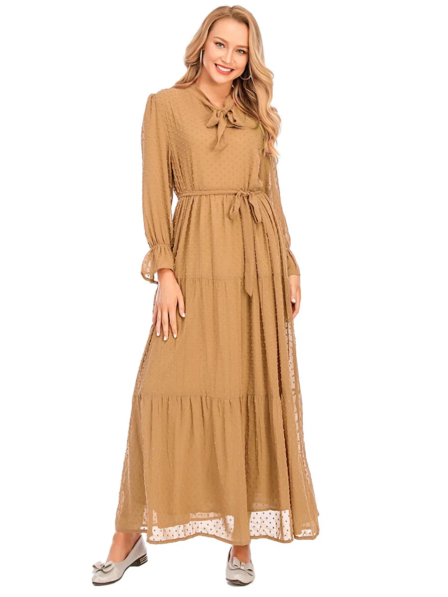 Women's Muslim Simple and Elegant Abaya Lace-up Long Sleeve Round Neck Ladies Dress Middle Eastern Dubai Turkey Solid Daily Robe