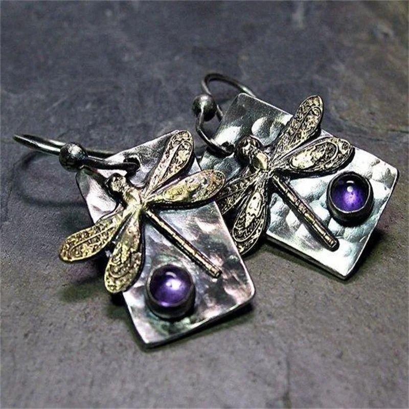 Vintage Rectangular Animal Dragonfly Purple Stone Dangle Earrings For Women Party Accessories Ethnic Earrings Custom Jewelry