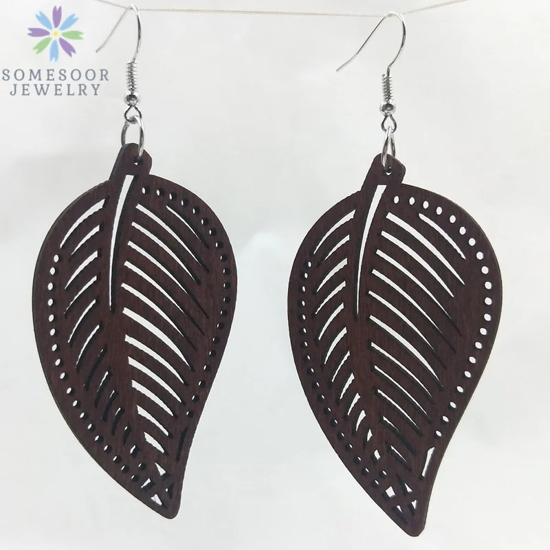 SOMESOOR Dark Brown African Wooden Drop Earrings For Women Gifts Laser Cutting Trees Flowers Boho Ethnic Wood Dangle Jewelry