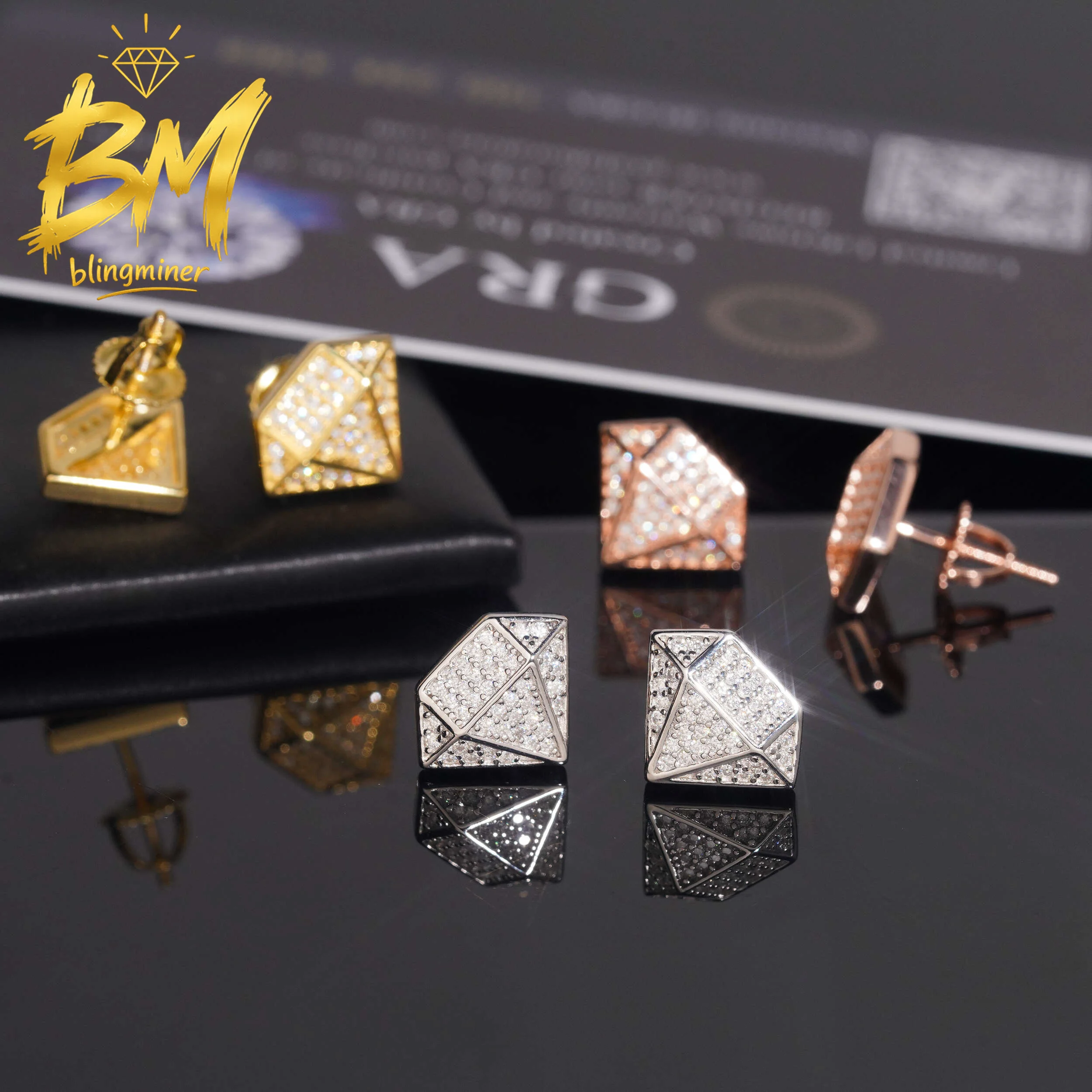 

Blingminer Diamond Shape VVS Moissanite Earrings For Men Women S925 Silver Iced Out Ear Studs Pass Diamonds Tester Free Shippin
