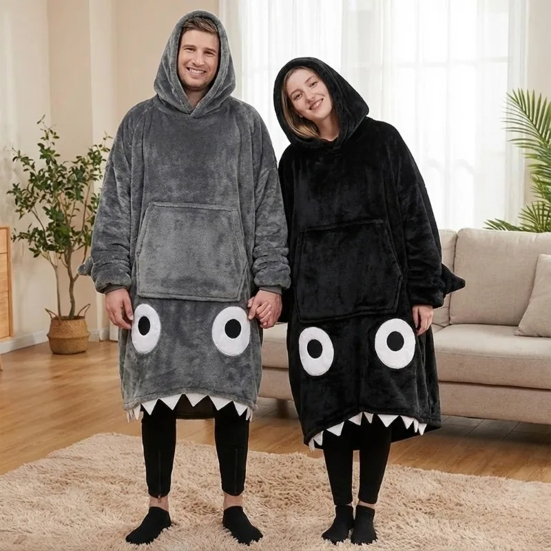 Thickened Shark Hooded Sleepwear Flannel Coat WarmPolyester Home Leisure Outwear for CouplesWinterComfort Blanket-style Pajamas