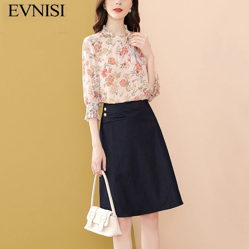 EVNISI Vintage Blouses+Skirt Autumn Women Suit Two-piece Chiffon Print Floral Set Ruffles Slim Elegant Holiday Party Dresses