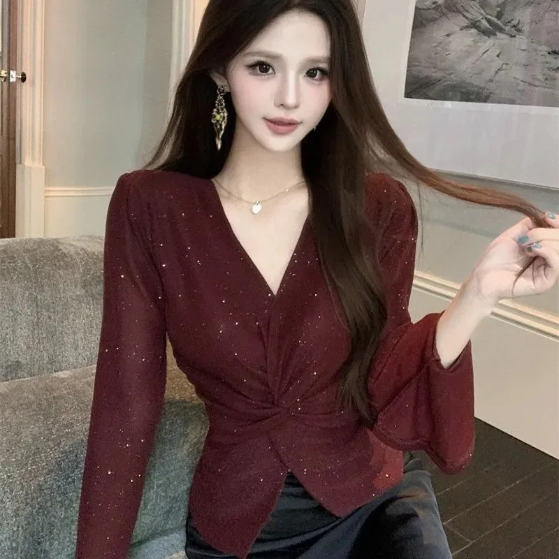 

French Style Sequin Cross V-neck Trumpet Sleeve T-shirt Autumn New Waist Slimming Top