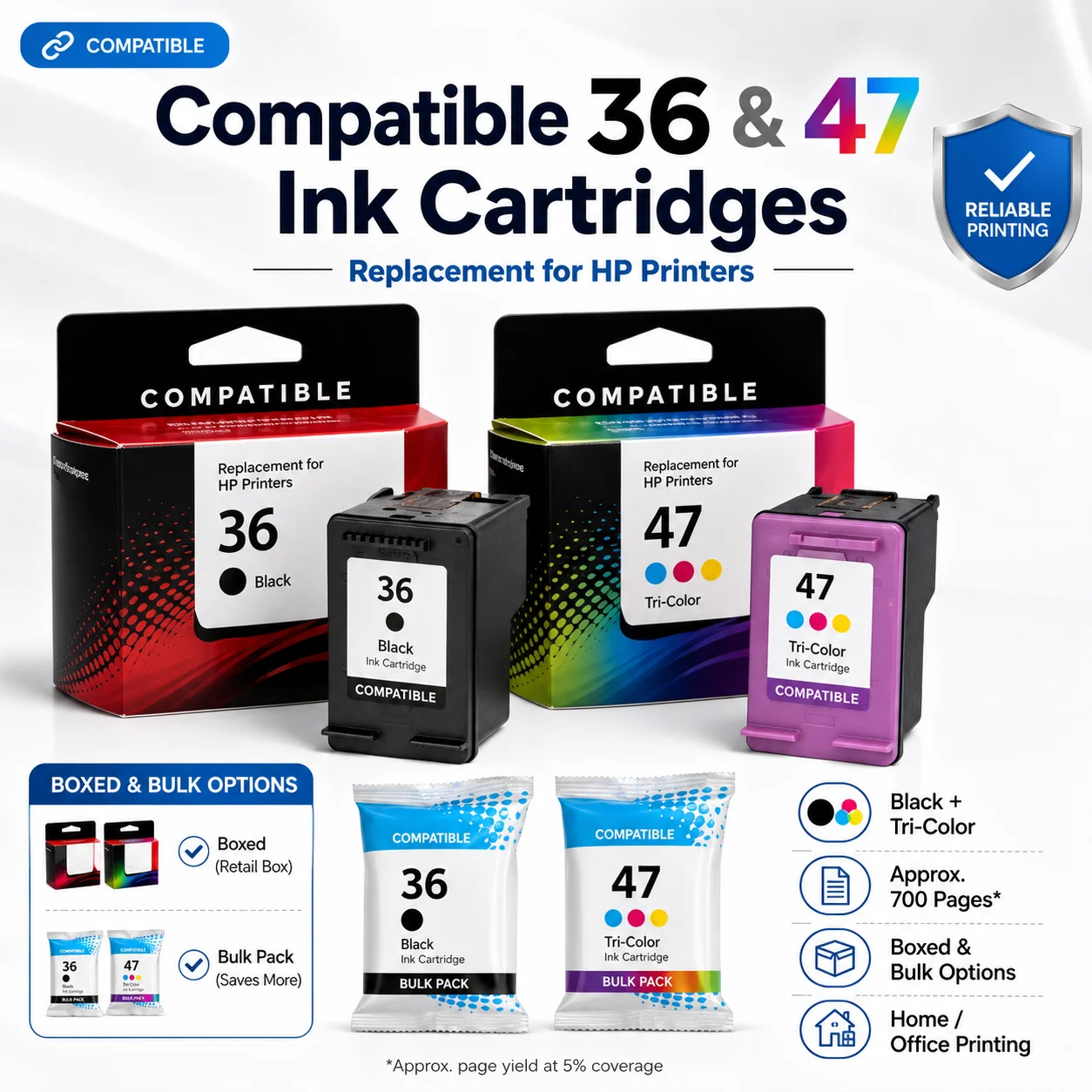 Compatible Ink Cartridge 36 47 Replacement for HP DeskJet 1285 1286 2385 2386 4800 4925 Printers Black Tri-Color