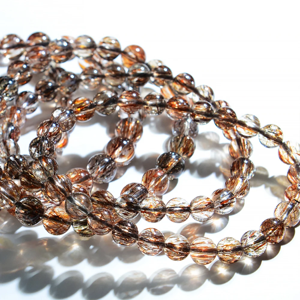 الطبيعية الأسود الذهبي سوبر سبعة سوار الشعر Rutilated سوار مجوهرات للمرأة كريستال الخرز المستديرة حجر تمتد سوار #6