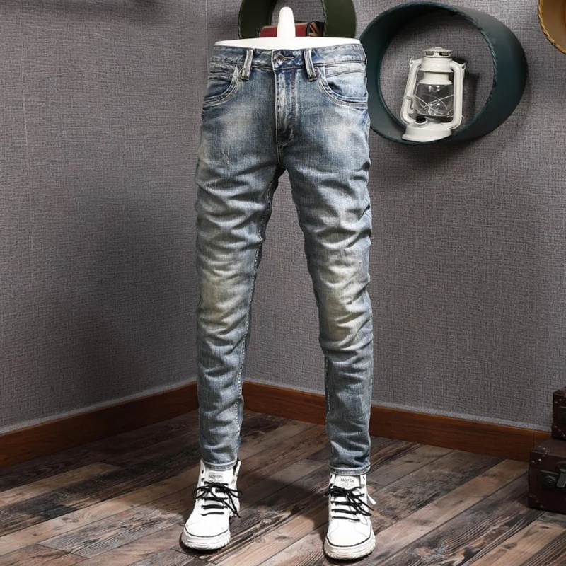 Italian Style Fashion Men Jeans High Quality Retro Blue Elastic Slim Fit Ripped Jeans Men Trousers Vintage Designer Pants Hombre