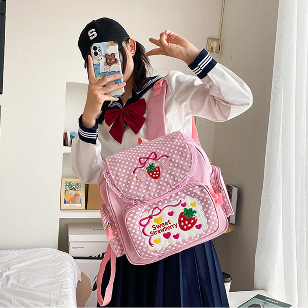 حقيبة مدرسية للأطفال من Pink Girl مطرزة بشكل لطيف على شكل فراولة متعددة الجيوب من النايلون للكلية العصرية للفتيات المراهقات