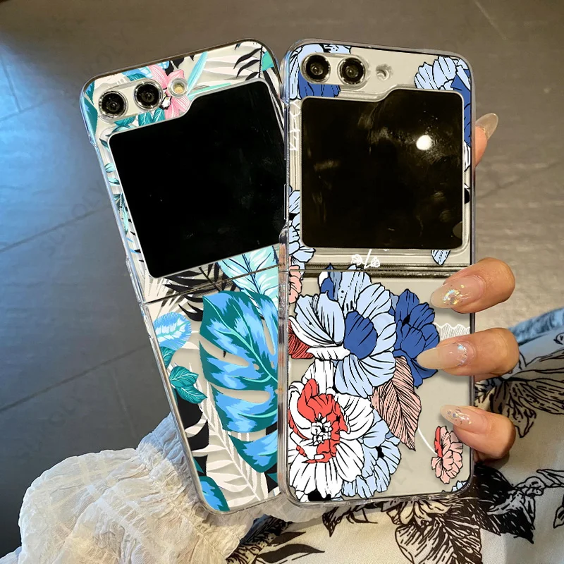 Transparent Flower Folding Phone Case For Samsung Galaxy Z Flip6 Flip5 Flip4 Flip3 Shockproof Camera Protection Hard Back Cover
