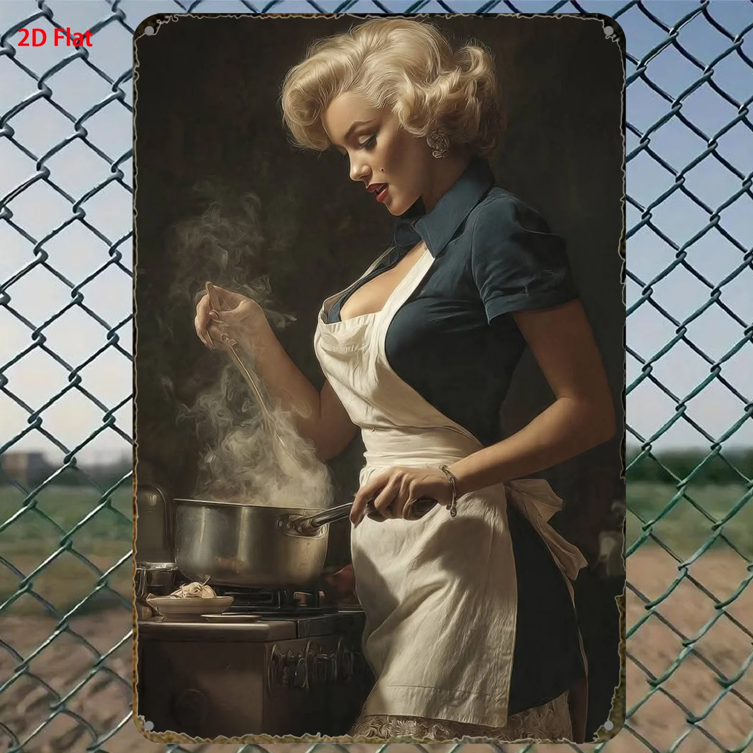 8x12in Vintage 1950s American Kitchen Art Blonde Chef with Pan Steam Metal Sign for Café Bathroom Bar Party Room Wall Decor G