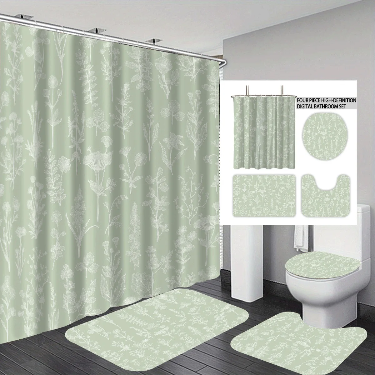 Various Flower Patterns Waterproof Bath Curtain Set,  with 12 Hooks,  Floor Mat Toilet Cover Bathroom Home Decor Various Sizes