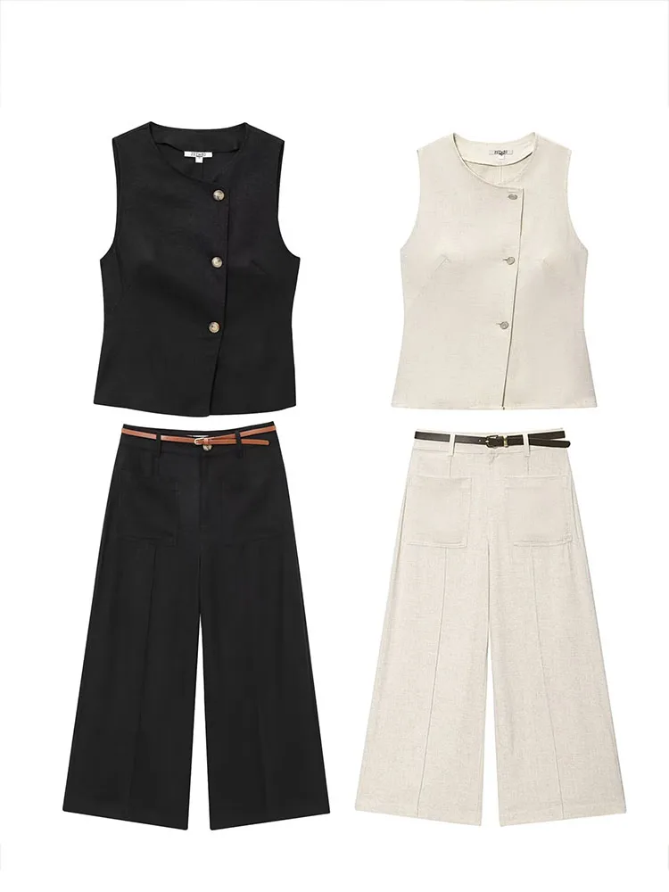 

HH Women's Fashion Versatile Solid Line Blender Double-Linged Vest Top+Belted High Street Casual 2-Color Wide Legs Pant Suit