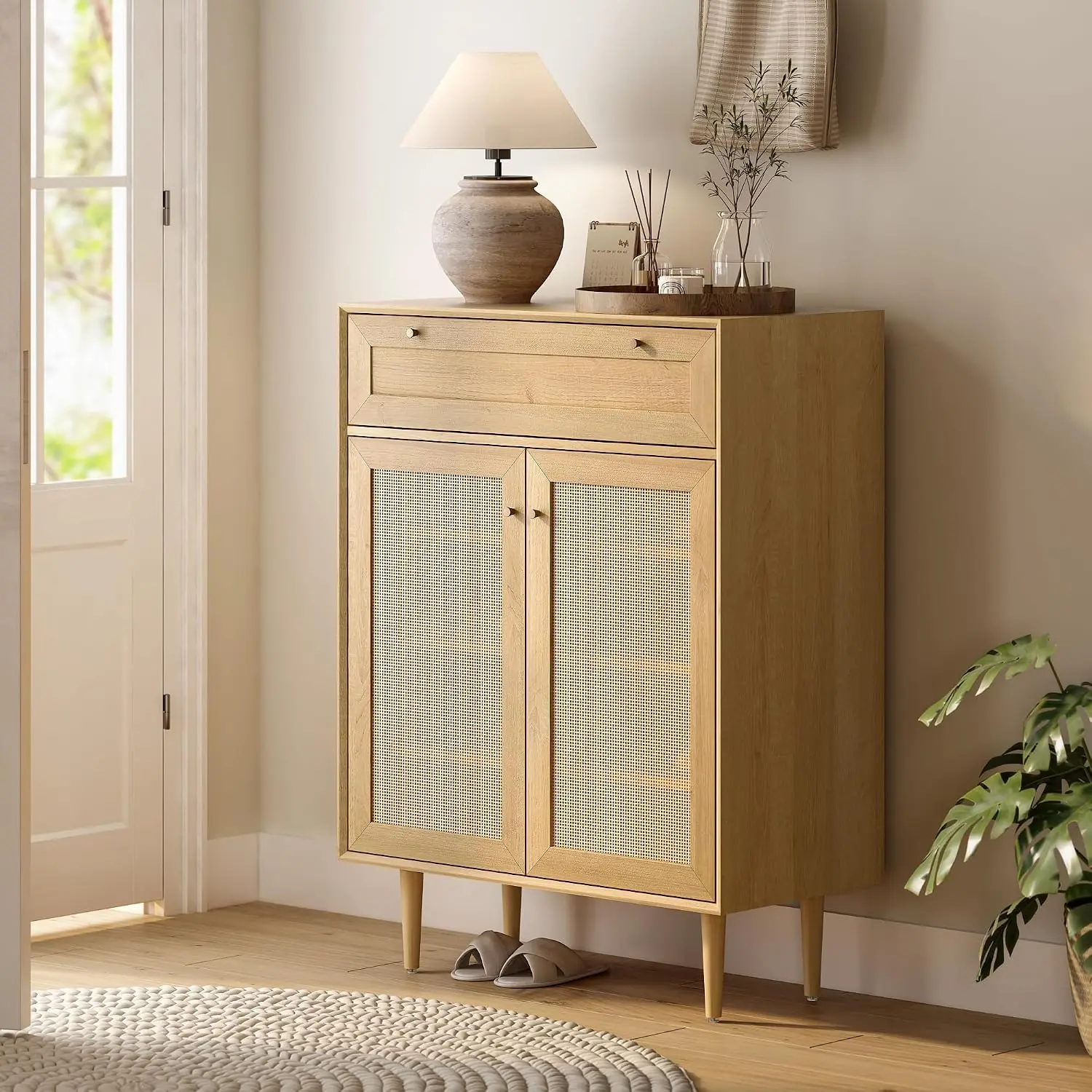 Rattan Shoe Cabinet with 2 Doors 4-Tier Wooden Freestanding Shoe Rack for Hallway Entryway Living Room, Customized