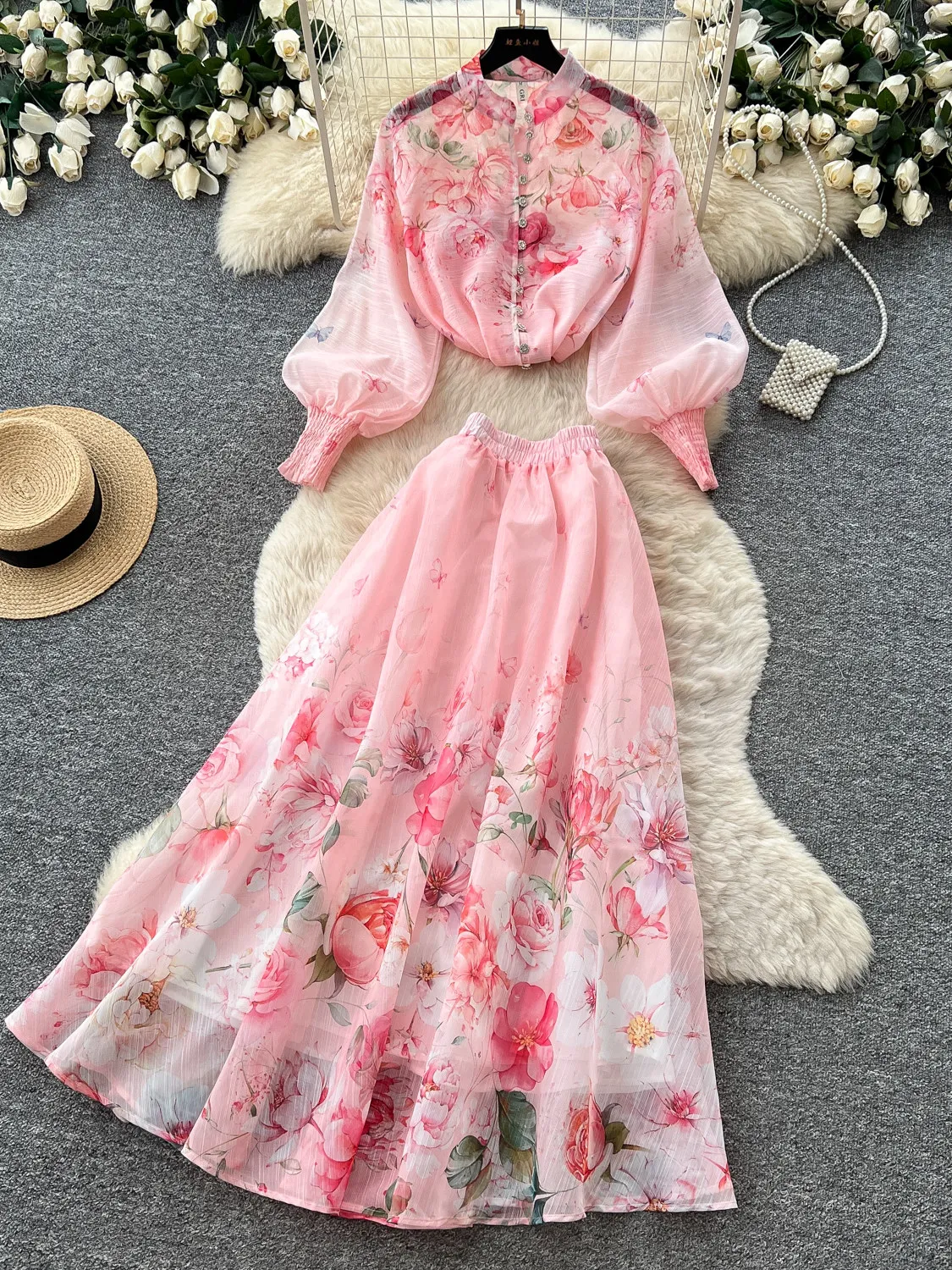 

Elegant French Romantic Floral Print Skirt Set Outfit Lantern Sleeve Blouse Top High-waisted Skirt Women Classy Lady Skirts Set