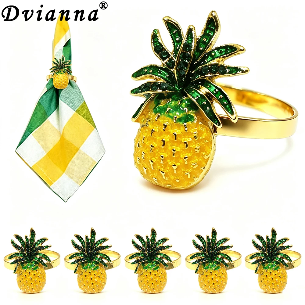 6Pcs Pineapple Napkin Rings Rhinestone Metal Napkin Holder Summer Tropical Table Decor for Dinner Party Table Setting