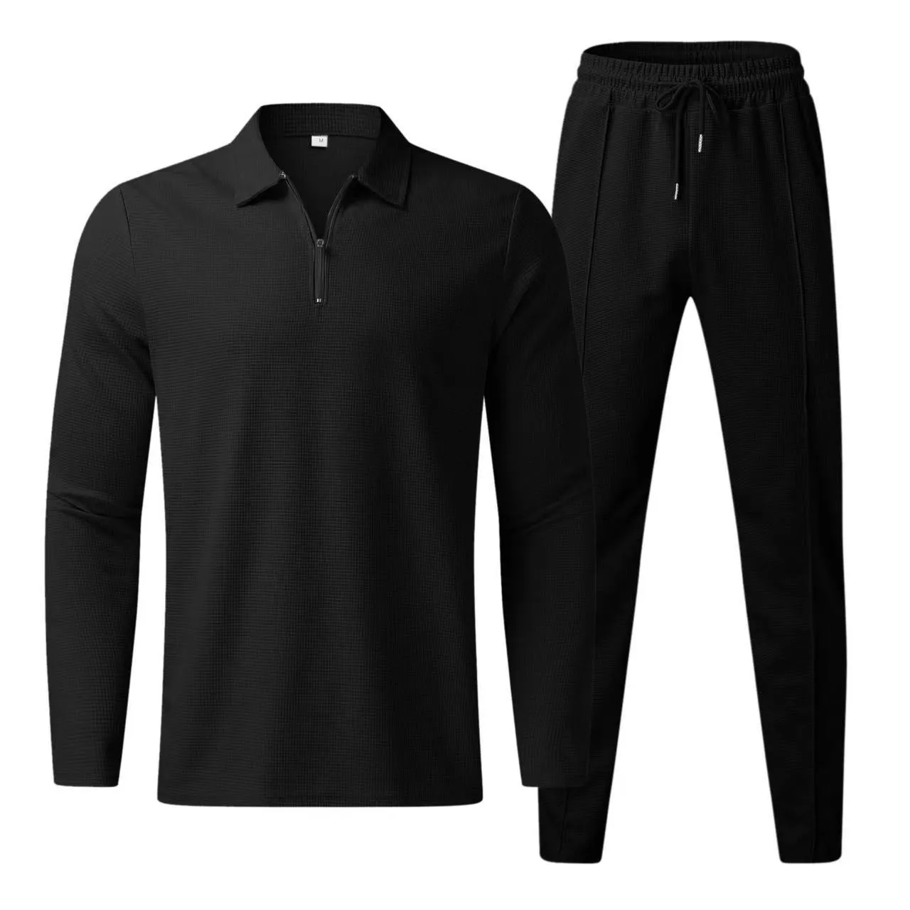 European casual sports men\'s new waffle solid color zipper solid color long sleeved pants set